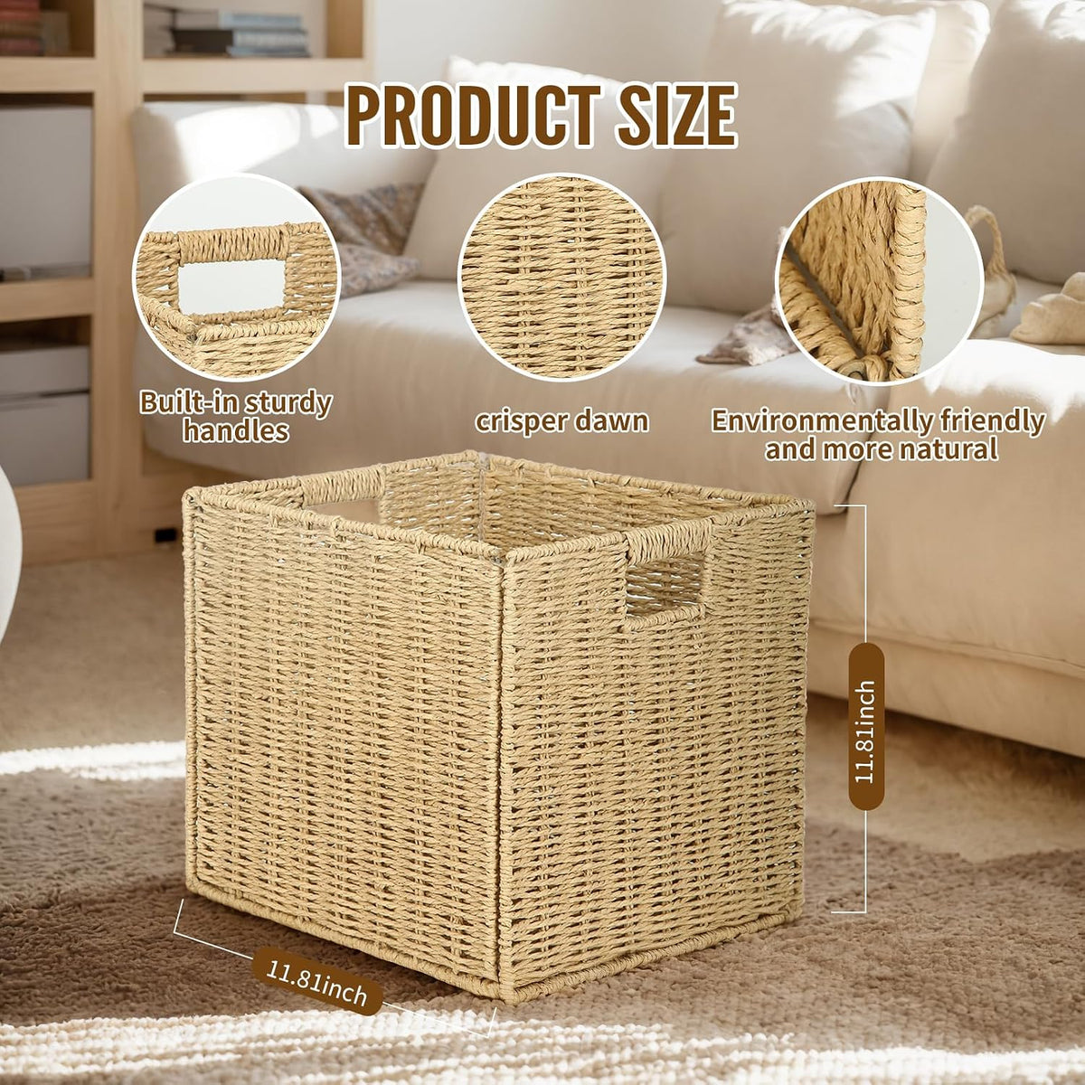 4Pcs Cube Storage Bin,Collapsible Storage Basket, Shelf Organizer with Insert Handle, 12 * 12 * 12 Inch Hand Woven Seagrass Basket, Suitable for Bedroom Storage and Other Scenarios