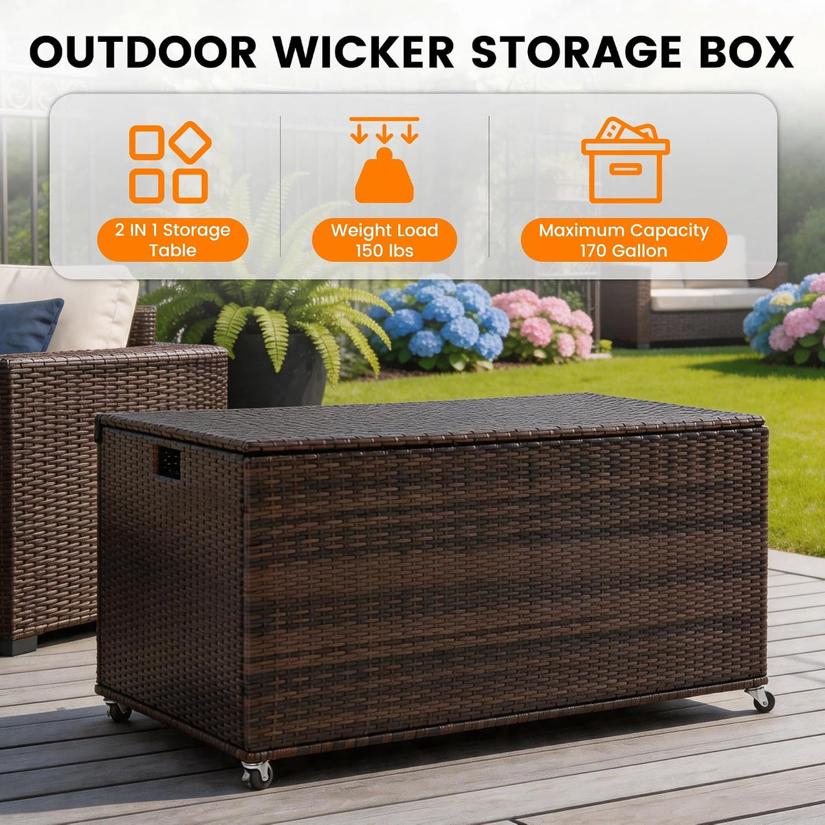 Sundale 70 Gallon Oudoor Deck Box, Large Rattan Storage Box with Handle