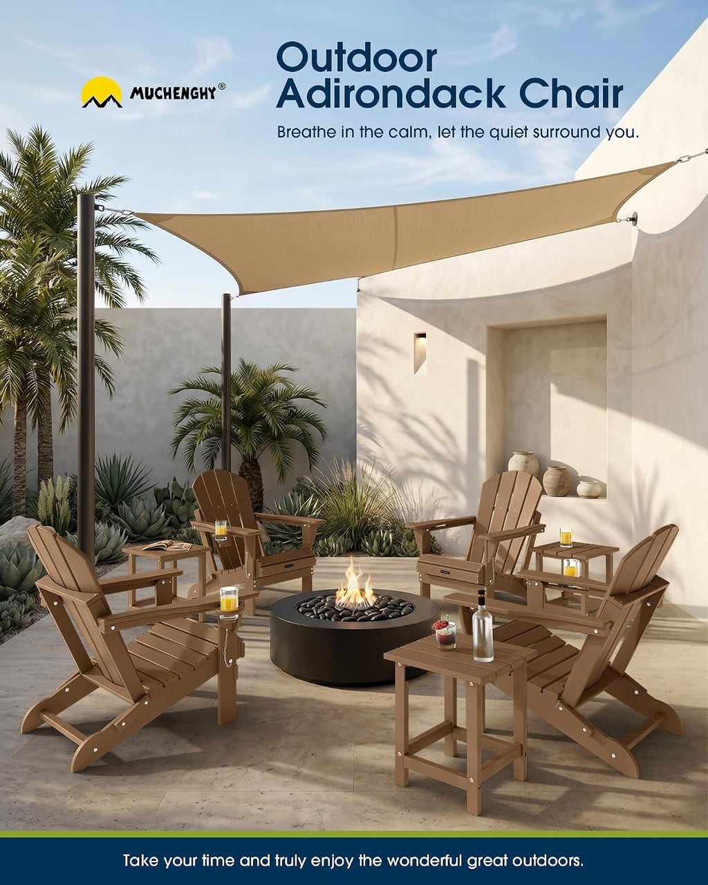 MUCHENGHY Folding Adirondack Chairs, Patio Chairs, Lawn Chairs, Outdoor Chair, Adirondack Chair Plastic, Fire Pit Chairs, Weather Resistant with Cup Holder for Deck, Backyard, Garden(Teak)