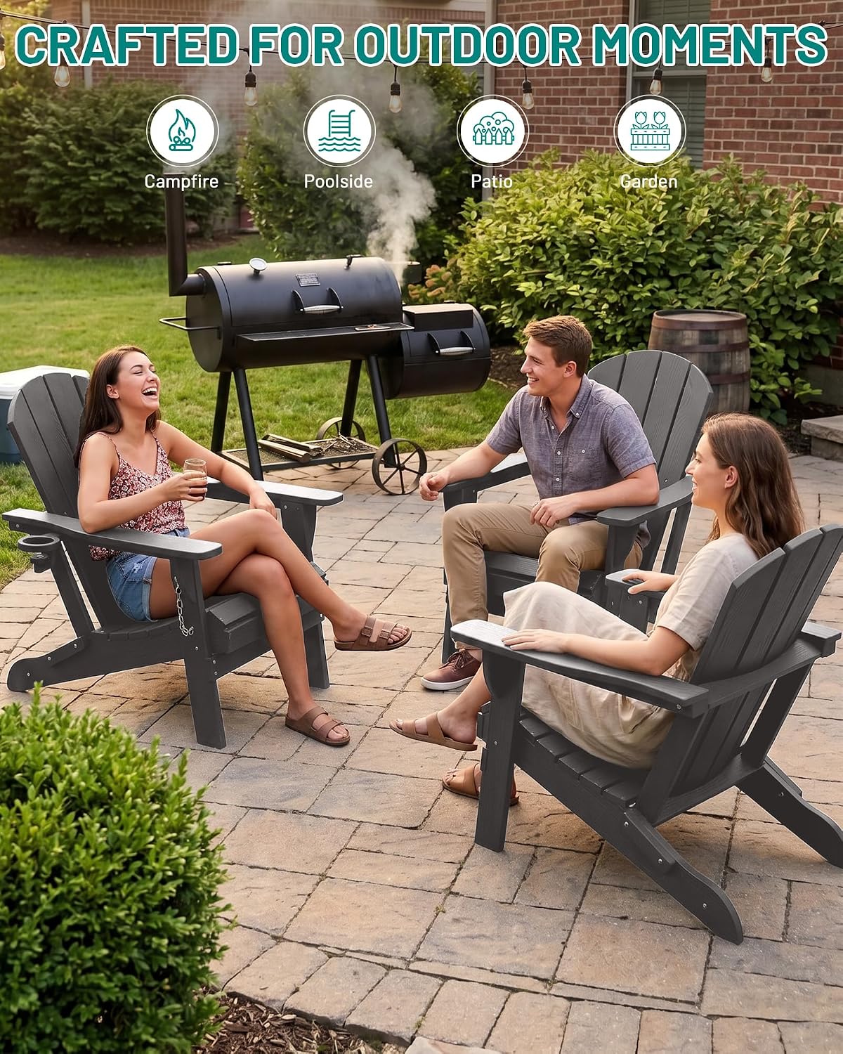 PLUUV Folding Adirondack Chair, HDPE Fire Pit Chairs with Cup Holder, Grey
