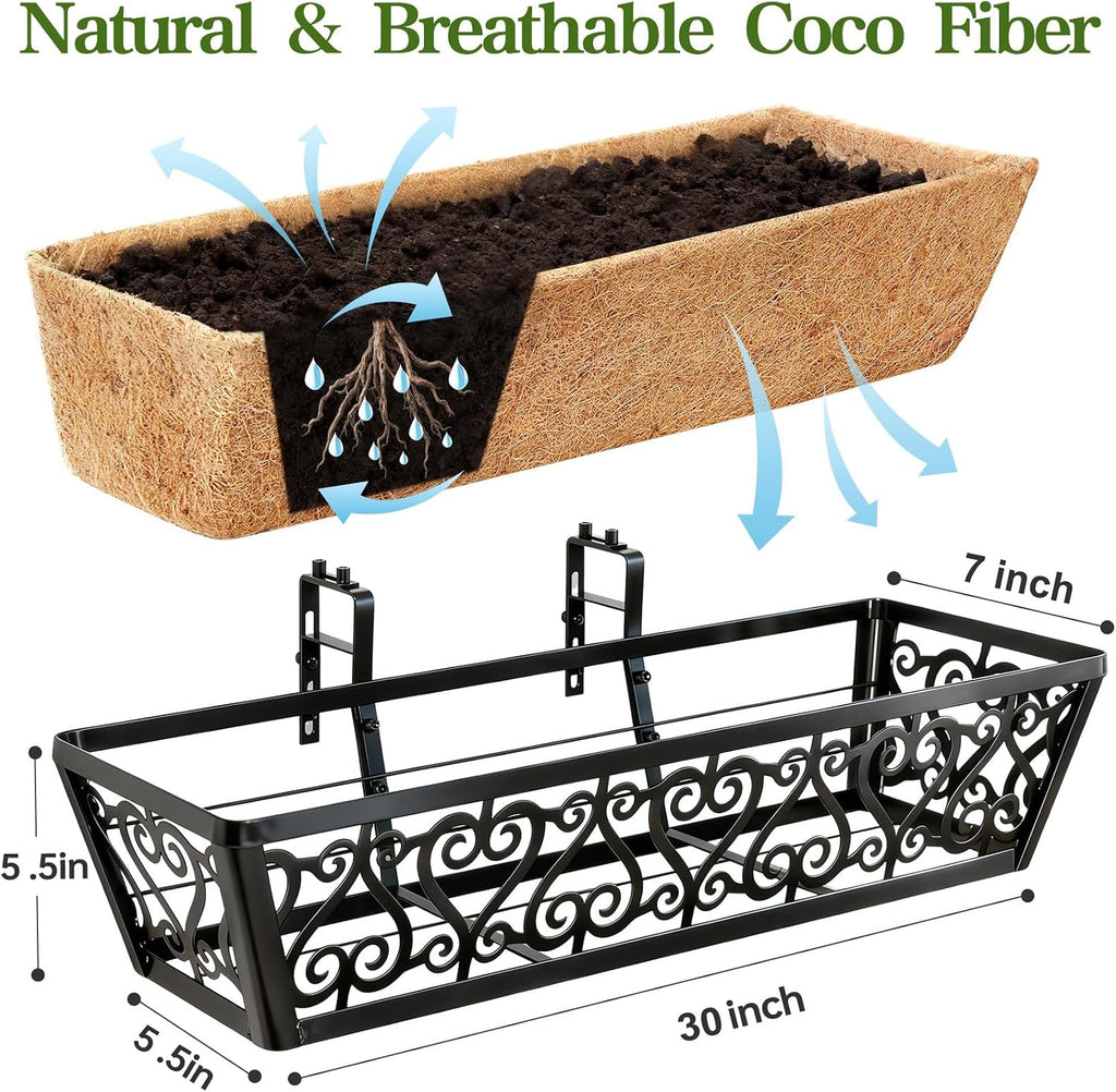 2 Pack 30 Inch Deck Railing Planter Box - Window Boxes Planters with Adjustable Brackets Coco Liners Balcony Planters Railing Hanging for Window Flower Boxes Outdoor Garden Decor