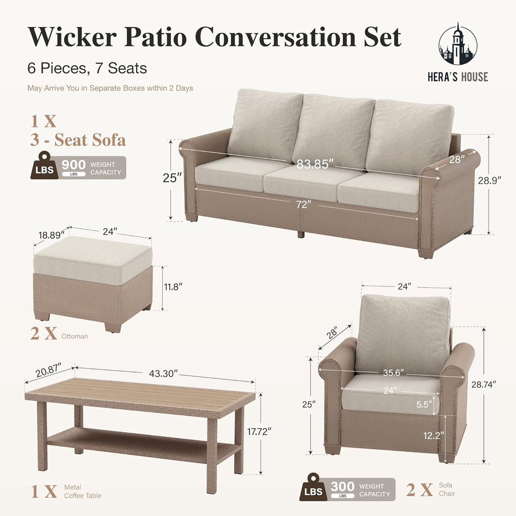 HERA'S HOUSE 6-Piece Wicker Rattan Patio Conversation Set, Beige