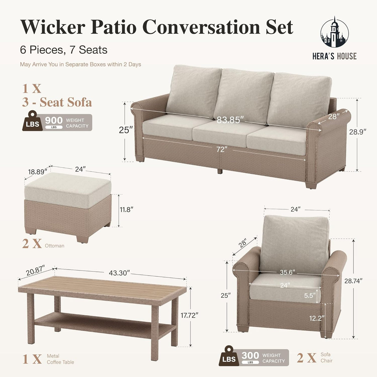 HERA'S HOUSE 6-Piece Wicker Rattan Patio Conversation Set, Beige
