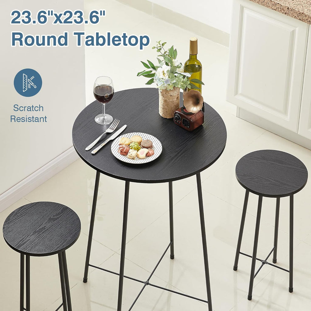 VECELO 3 Piece Pub Table and Chairs Sets Counter Height Bistro Bar Sets with 2 Barstools for Kitchen Breakfast Nook, Small Space, Apartment, Breakfast Dinner Restaurant, Black