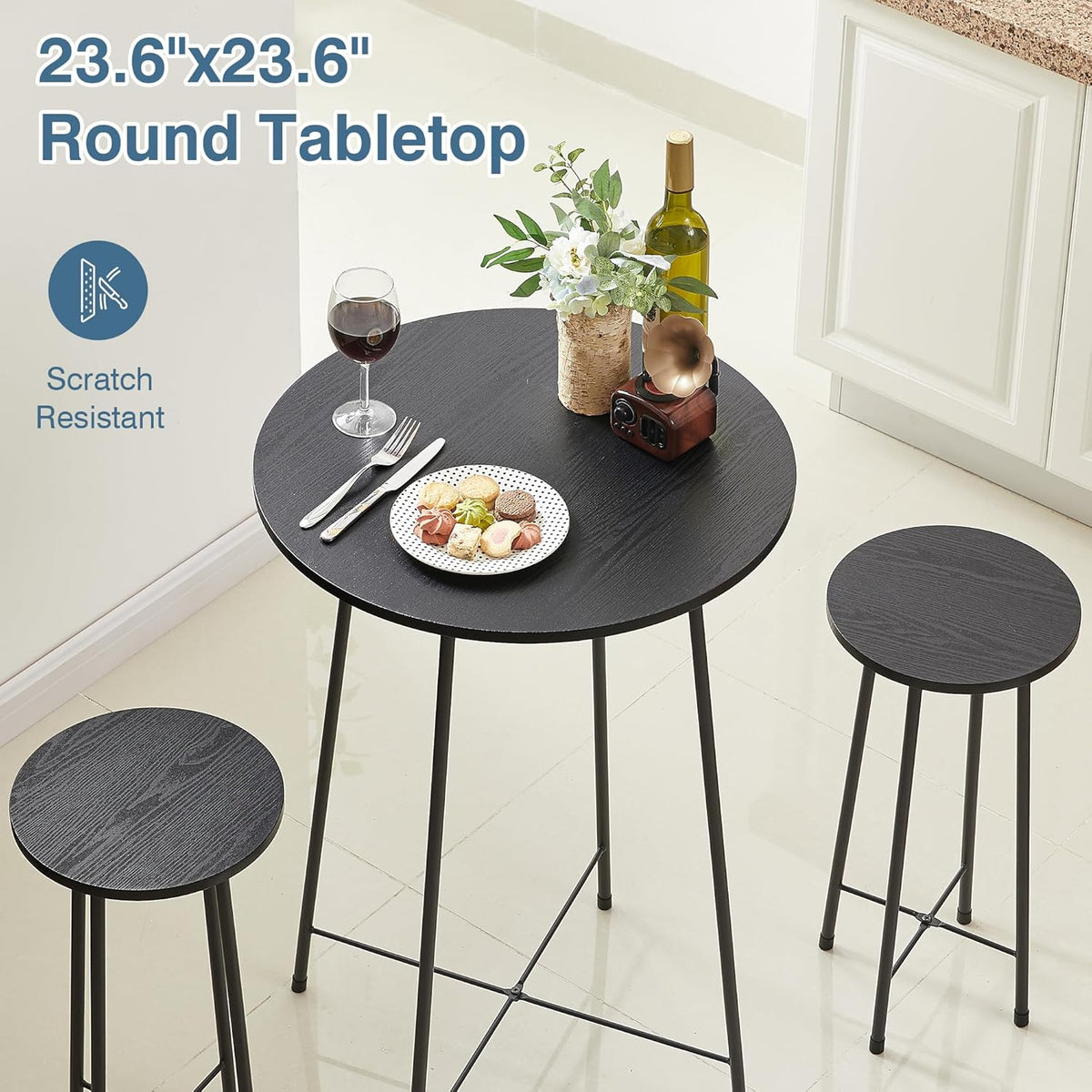 VECELO 3 Piece Pub Table and Chairs Sets Counter Height Bistro Bar Sets with 2 Barstools for Kitchen Breakfast Nook, Small Space, Apartment, Breakfast Dinner Restaurant, Black