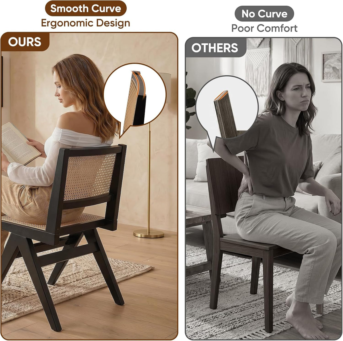 Rattan Armless Dining Chairs Set of 4,Black Solid Wood Mid Century Chairs