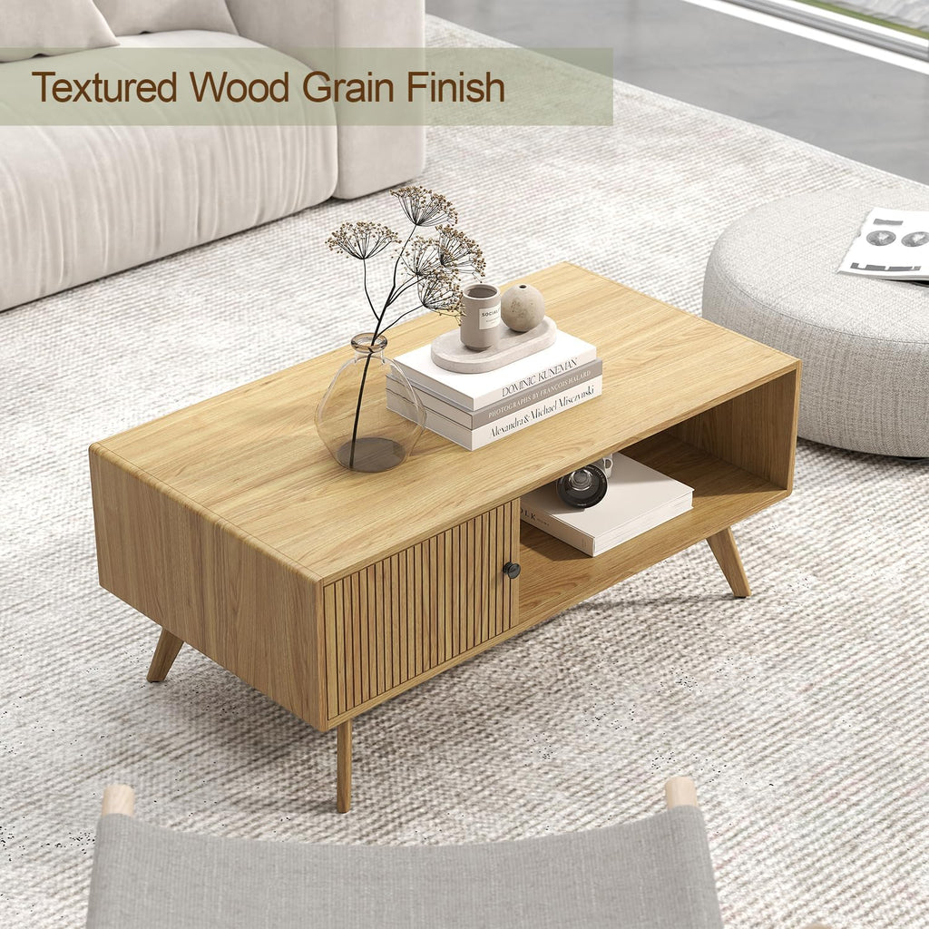 Manora Mid Century Modern Coffee Table with Storage, Natural Wood Finish
