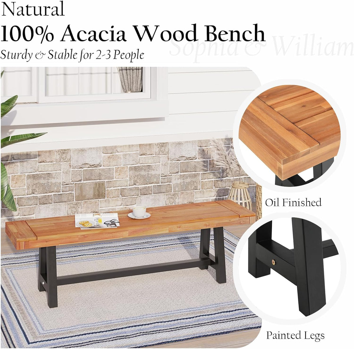 Sophia & William 63" Outdoor Wood Bench Weatherproof, Teak Finish, 1 Pack