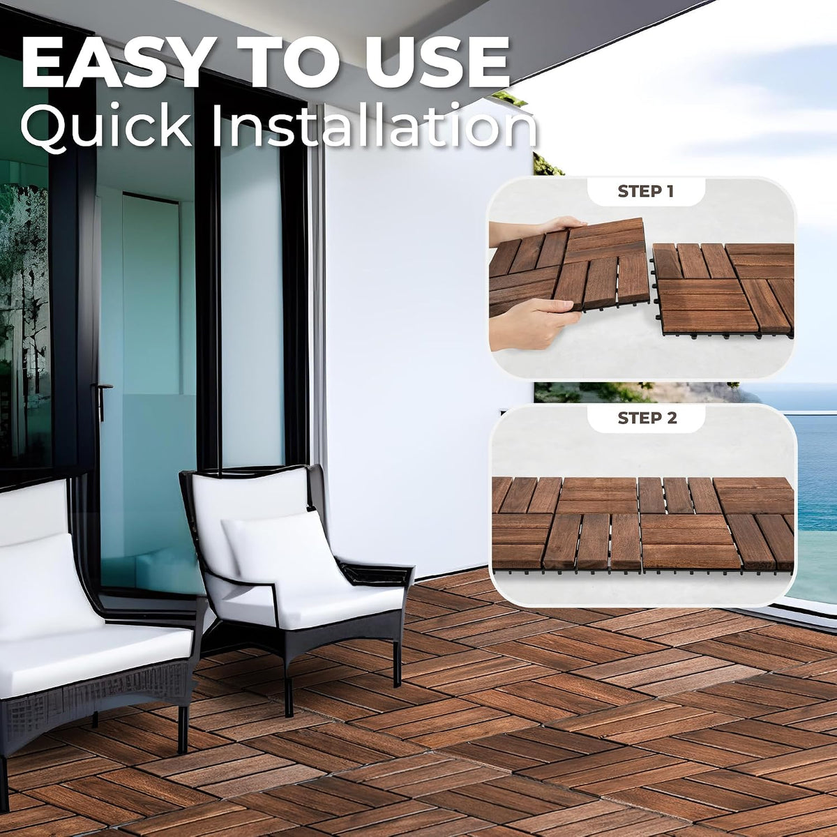 Interlocking Deck Tiles, 10 PCS 12" x 12" Acacia Wood, Dark Brown