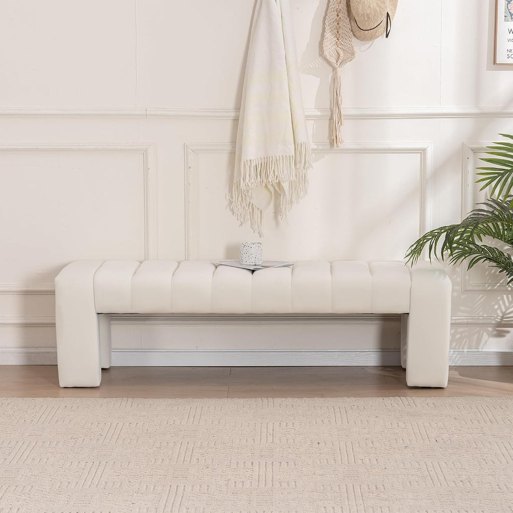 59" Velvet Bench for Bedroom King Size Bed Window End of Bed, Ivory White