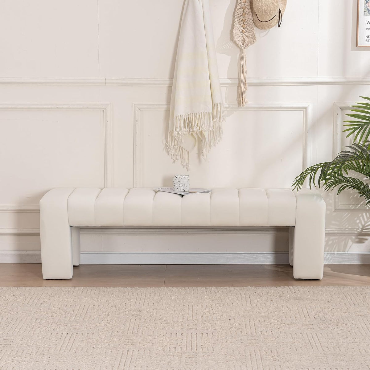 59" Velvet Bench for Bedroom King Size Bed Window End of Bed, Ivory White