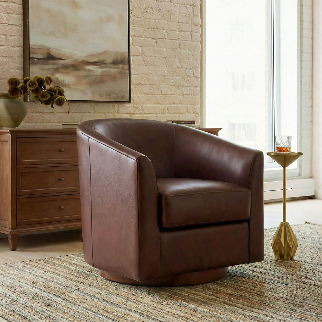 HULALA HOME Genuine Leather Swivel Barrel Chair with Solid Wood Base, Brown