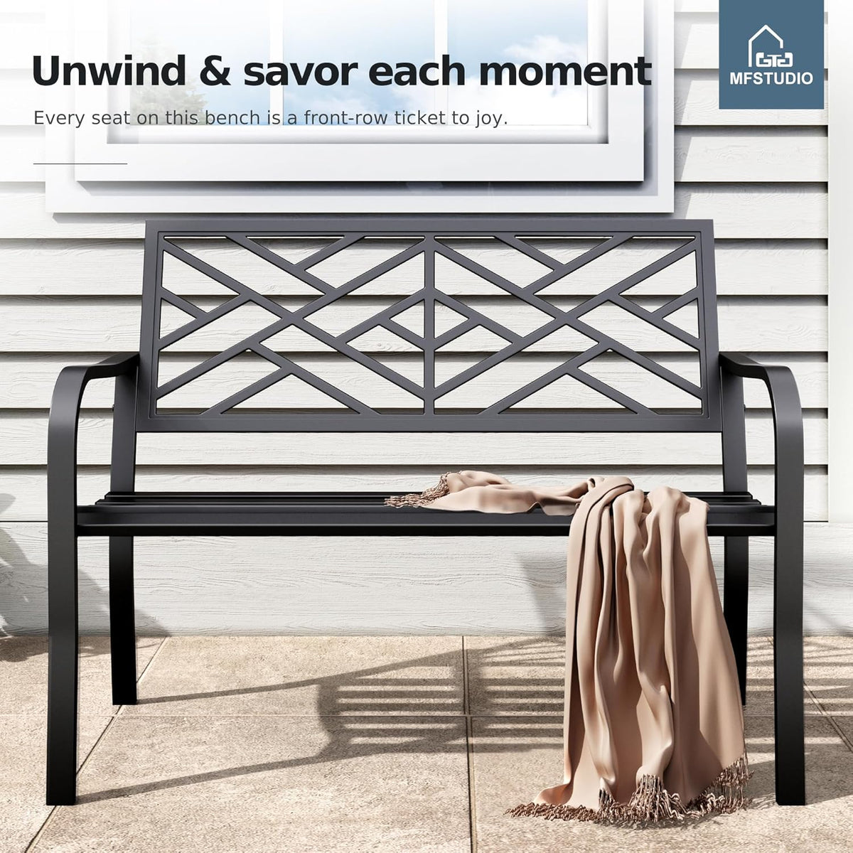 MFSTUDIO 43.7” Cast Iron Outdoor Garden Bench, Geometric Backrest, Black