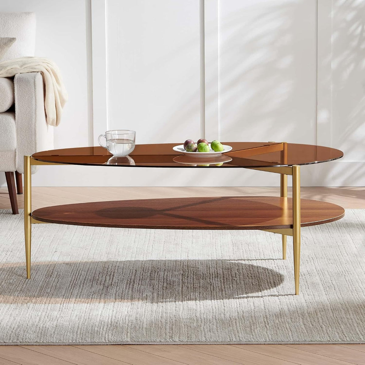 LumFurn Oval Glass Coffee Table, Mid-Century Modern Design, L43 x W21 x H17 inch, for Living Room, 2-Tier Structure, Amber Glass Top, Walnut Finish Wood Shelf & Gold Finish Frame