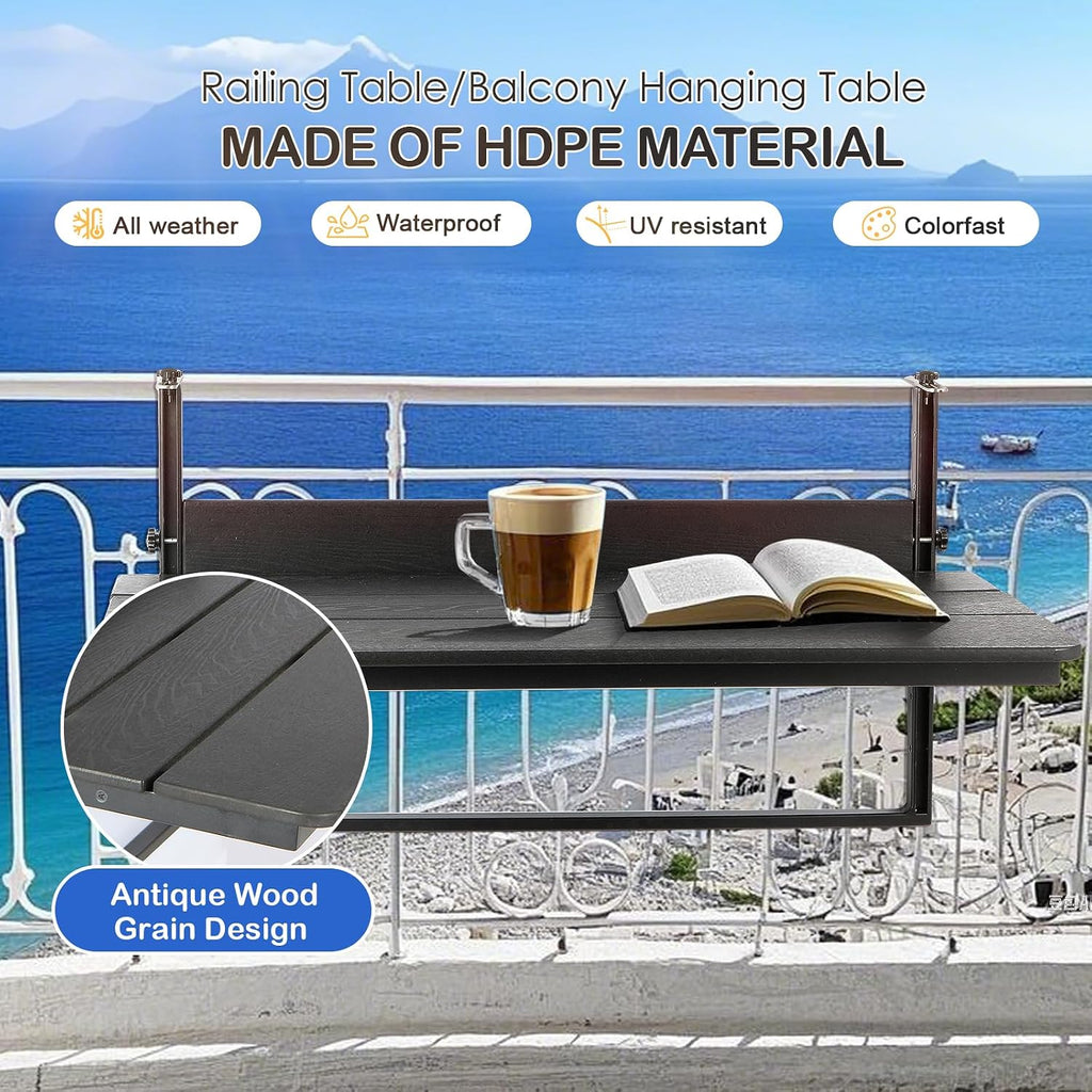HDPE 39.3" Outdoor Folding Balcony Bar Table for Railings, Black