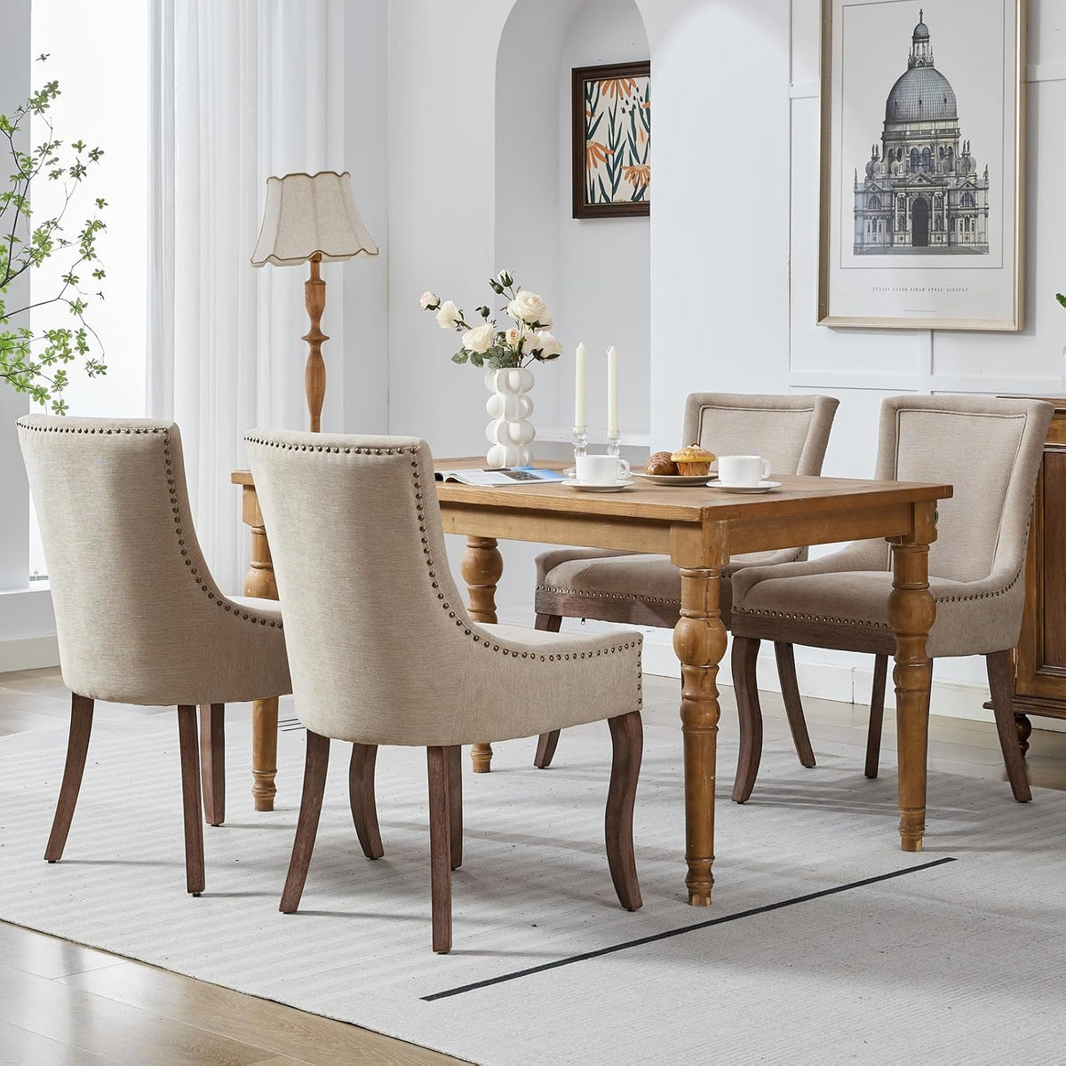 Beige Dining Chairs Set of 6, Fabric Upholstered Kitchen Chairs