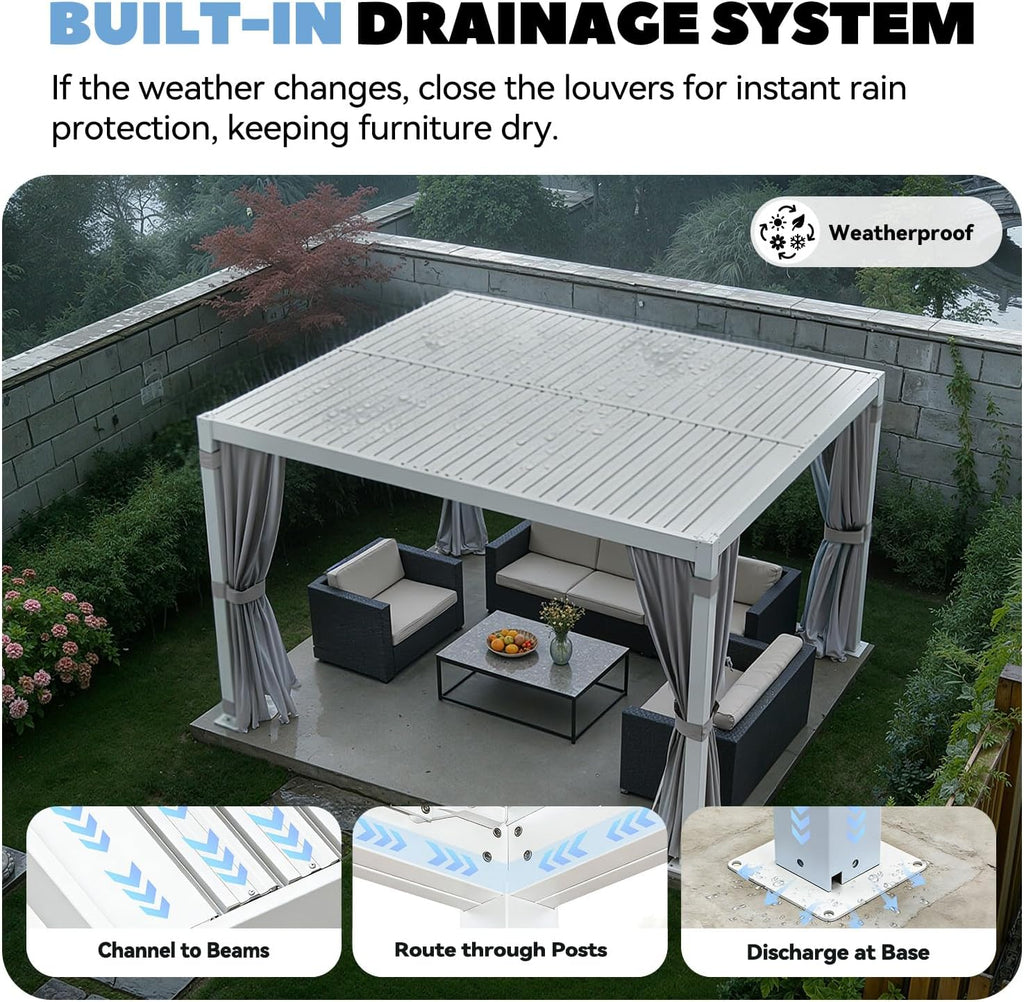 MELLCOM 10x12 Louvered Pergola Adjustable Roof w/Curtains & Mesh