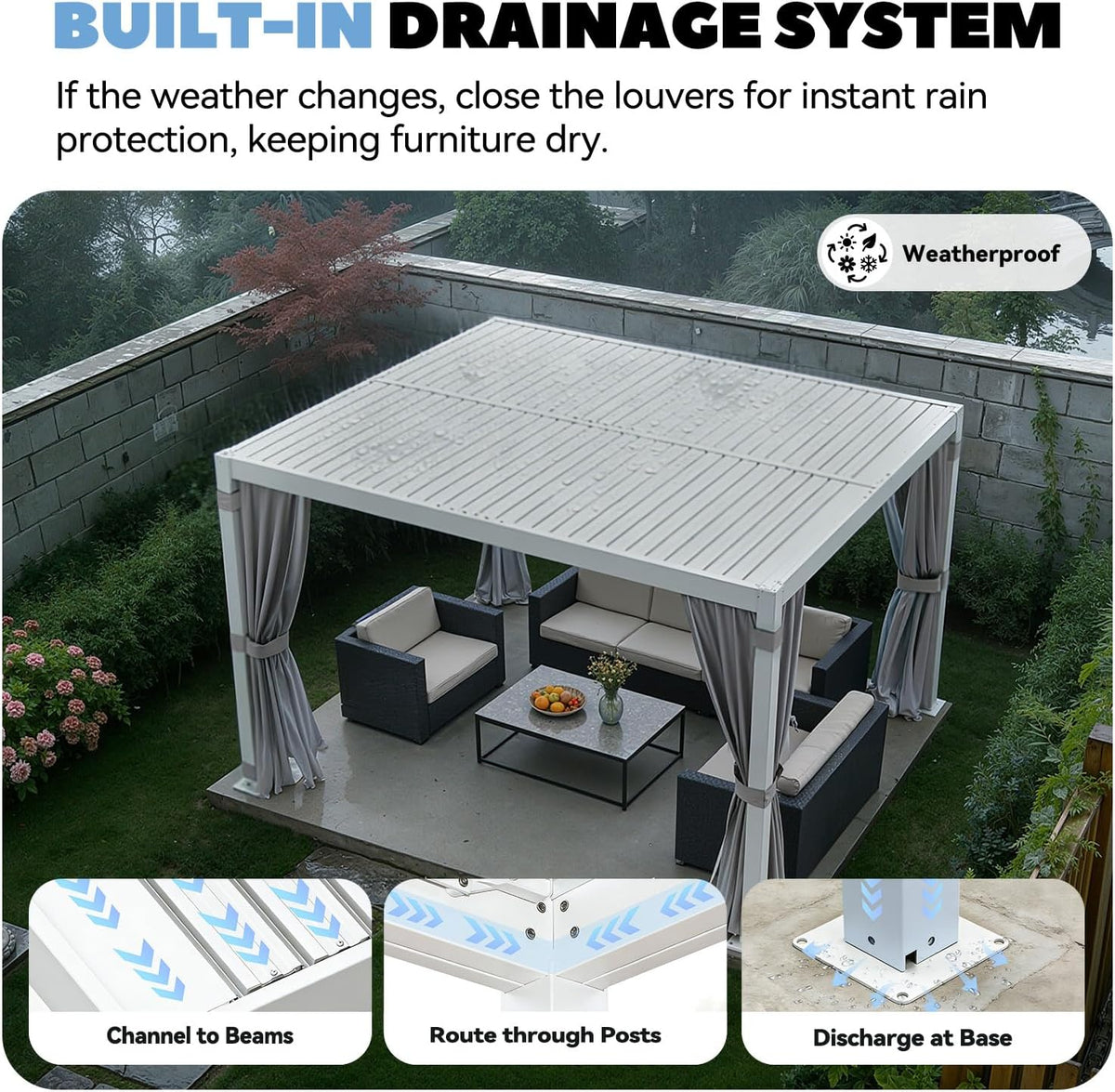 MELLCOM 10x12 Louvered Pergola Adjustable Roof w/Curtains & Mesh