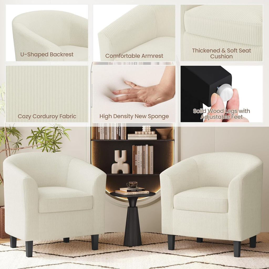Yaheetech Accent Chairs Set of 2, Corduroy Barrel Armchairs Beige