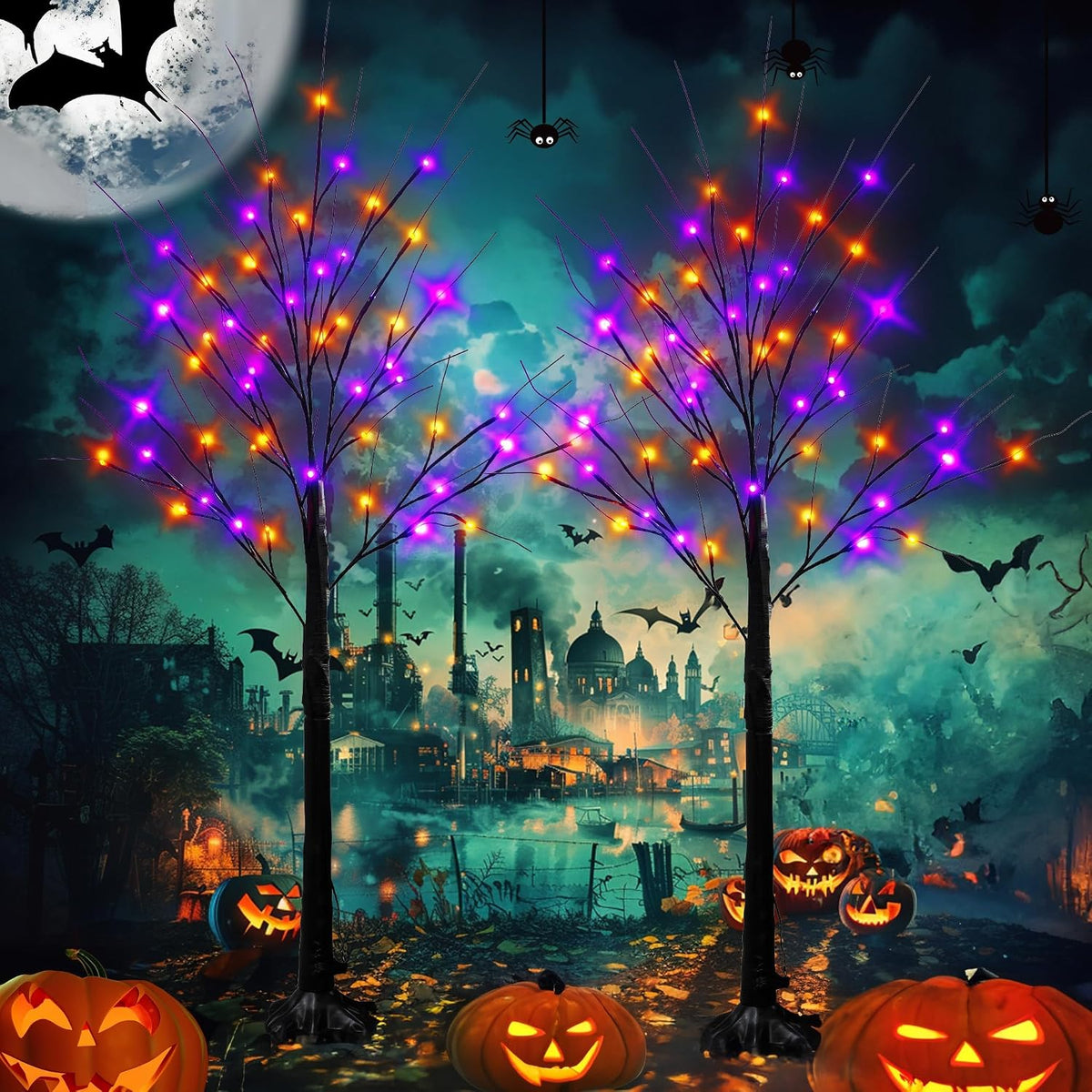 Dazzle Bright 2 Pack Halloween Lighted Up Birch Tree, Total 96 LED Purple and Orange Fairy Lights with Timer, Waterproof for Indoor Outdoor Home Party Halloween Decoration