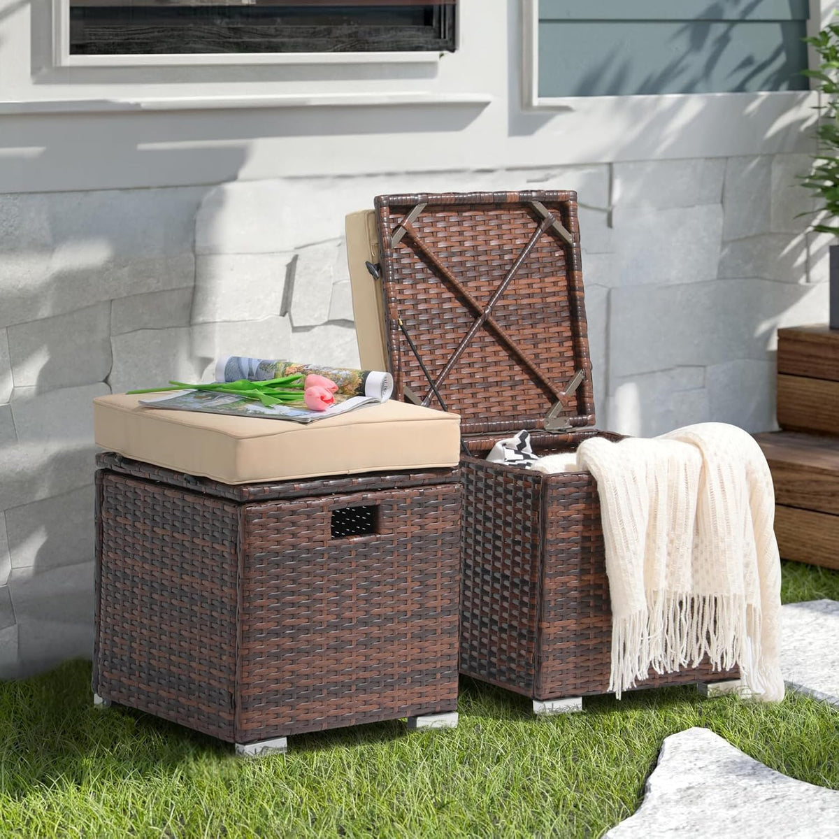 Patiorama 2 Piece Outdoor Patio Ottoman with Storage, Wicker, Beige