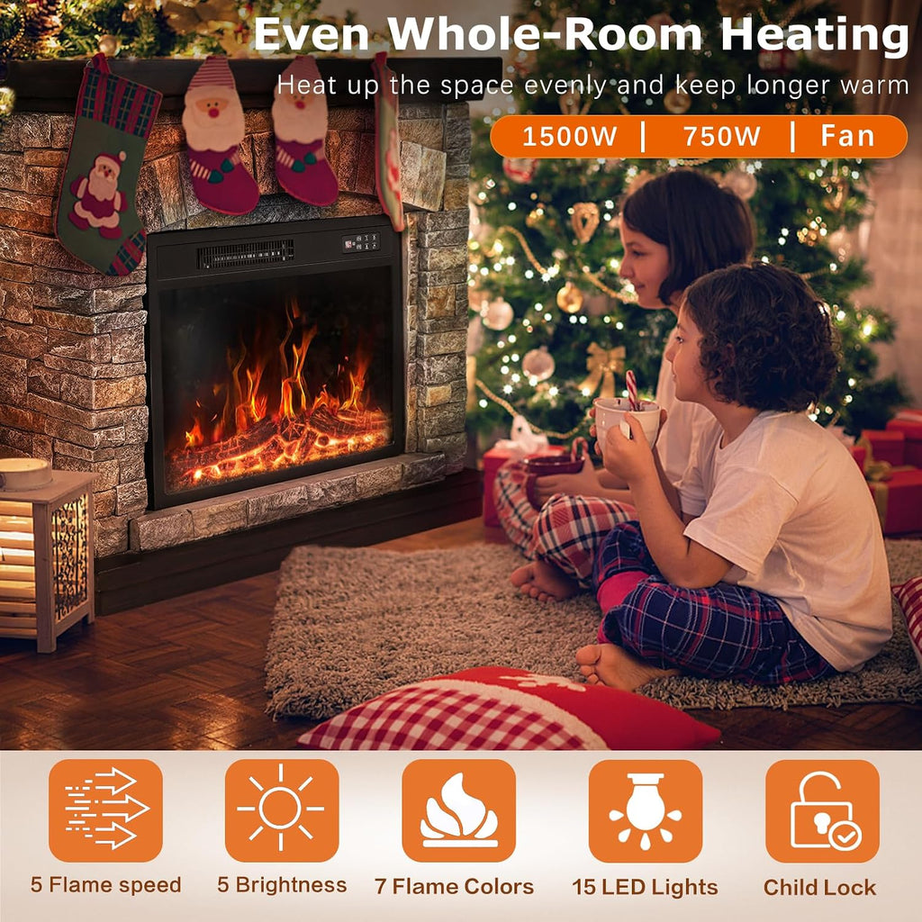 PUKAMI Electric Fireplace with Mantel, Realistic Stone Finish Freestanding Heater TV Stand, 3D Log Flame Effect with Remote Control, 750W/1500W