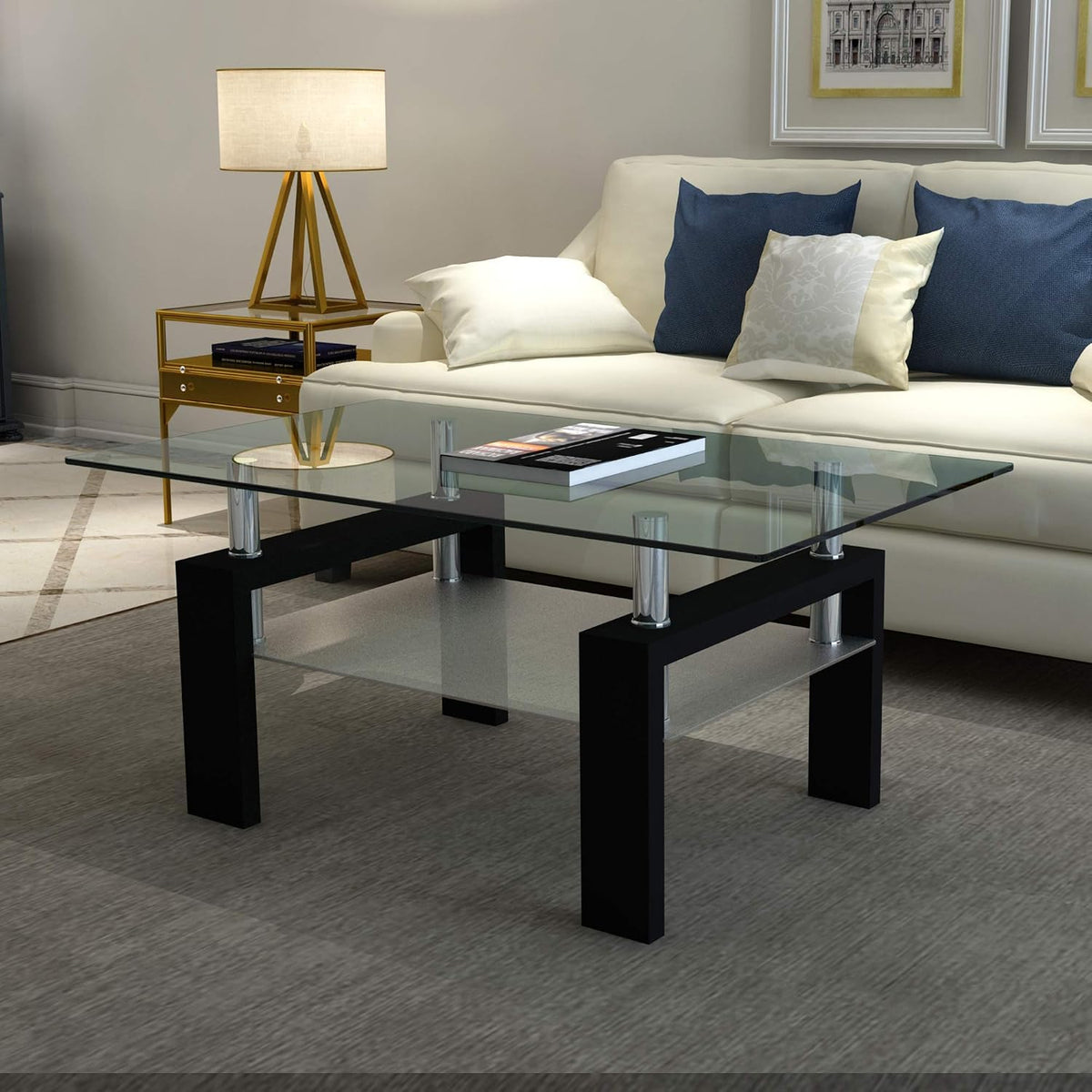 IANIYA Glass Coffee Table Metal Tube Glass Coffee Table, Livingroom Table (Clear)