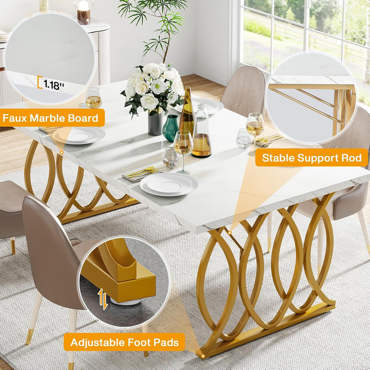 Tribesigns 63" Dining Table for 4 to 6, White and Gold Kitchen Table