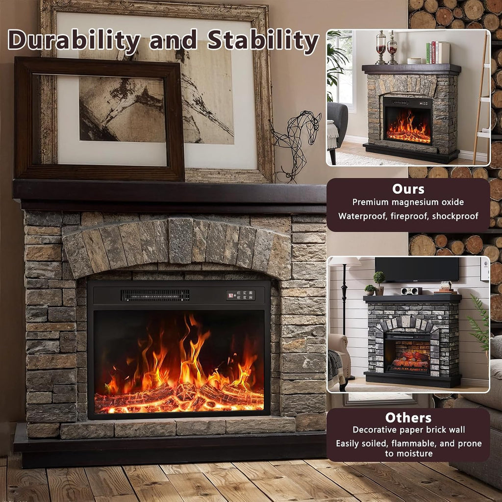 PUKAMI Electric Fireplace with Mantel, Realistic Stone Finish Freestanding Heater TV Stand, 3D Log Flame Effect with Remote Control, 750W/1500W