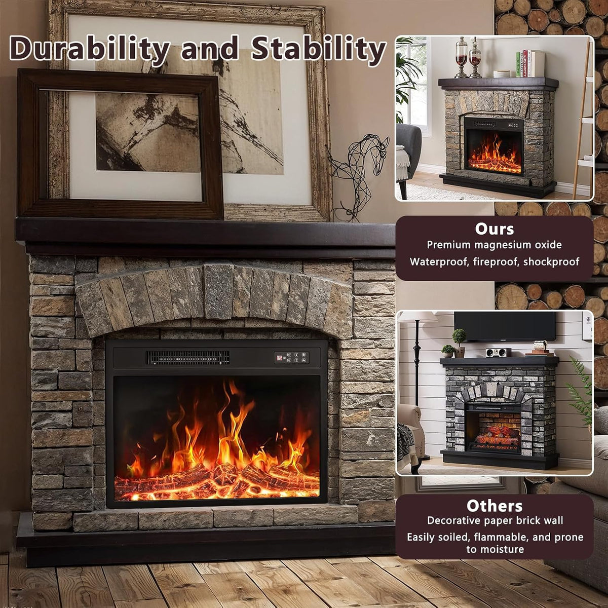 PUKAMI Electric Fireplace with Mantel, Realistic Stone Finish Freestanding Heater TV Stand, 3D Log Flame Effect with Remote Control, 750W/1500W