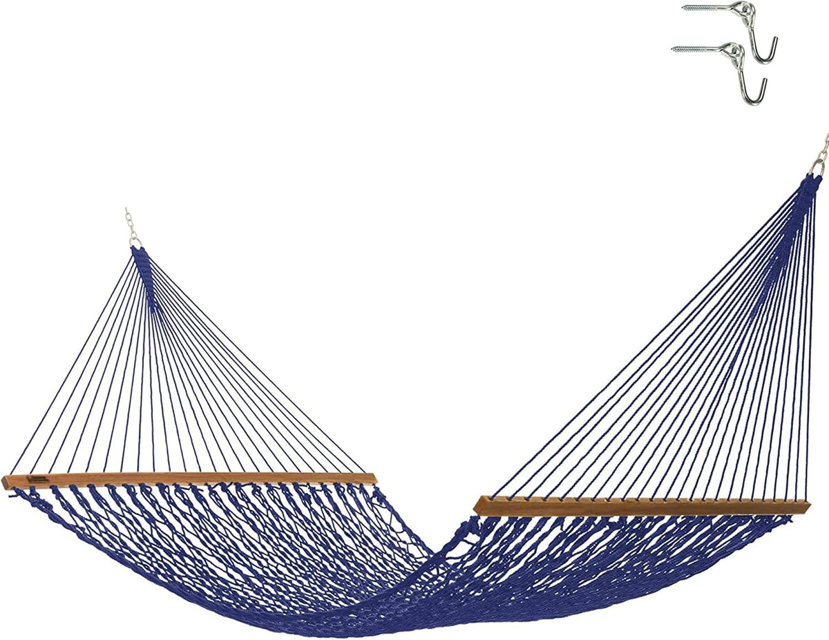Hatteras Hammocks Executive Navy DuraCord Rope Hammock – 13 ft. x 65 in., 2-Person, 450 lb Capacity, Cumaru Spreader Bar, Zinc-Plated Hardware – Handcrafted in The USA