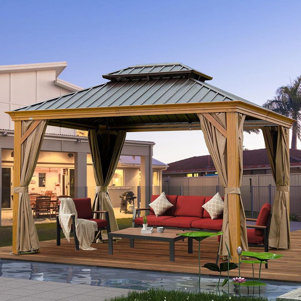 Domi 10'X12' Gazebo with Double Roof Steel, Heavy Duty Outdoor Patio Gazebo