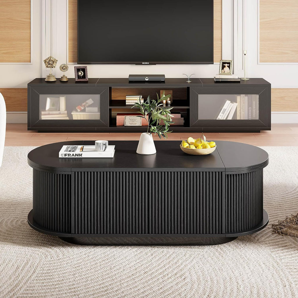 HSH 47" Oval Coffee Table with Storage, Black Coffee Table for Living Room