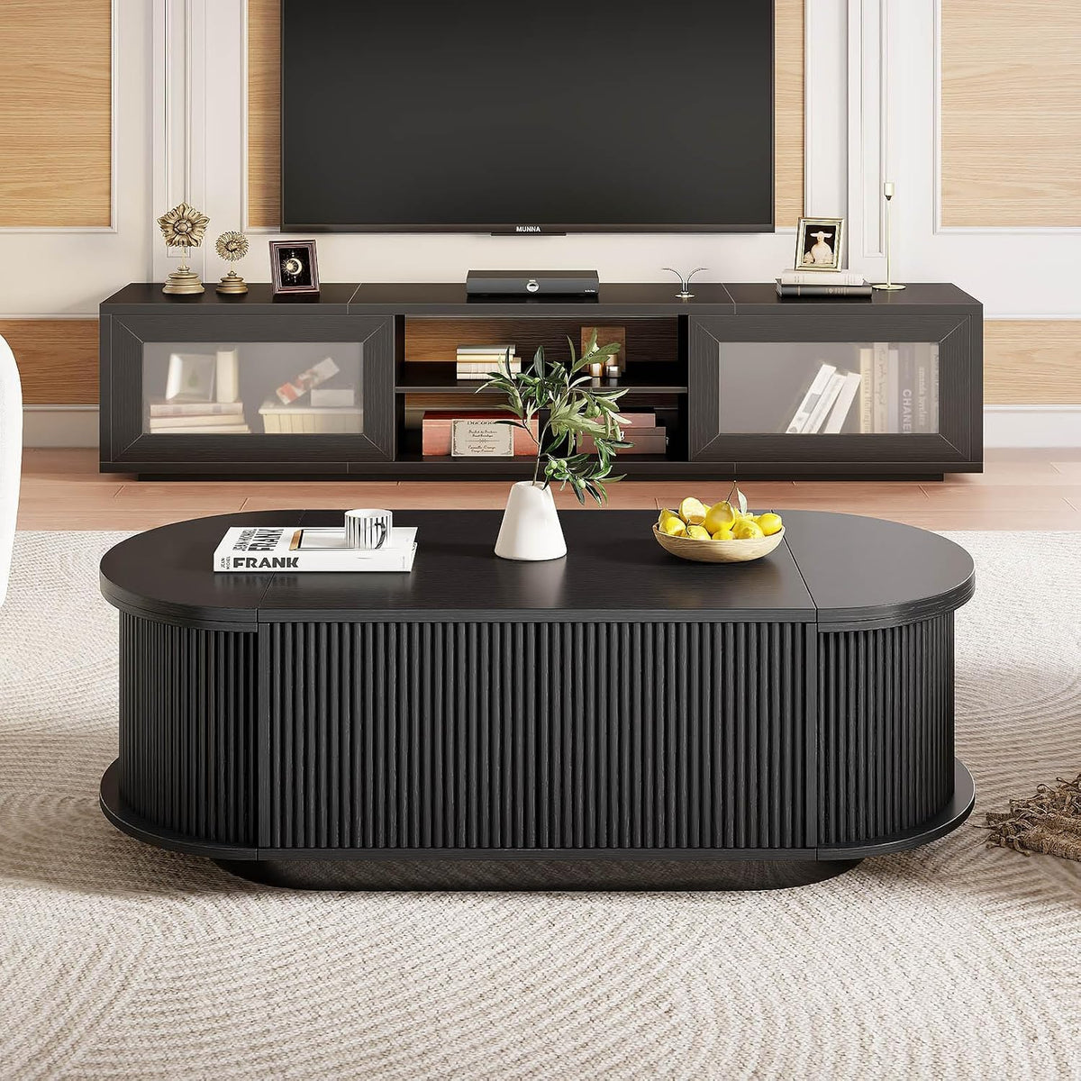 HSH 47" Oval Coffee Table with Storage, Black Coffee Table for Living Room