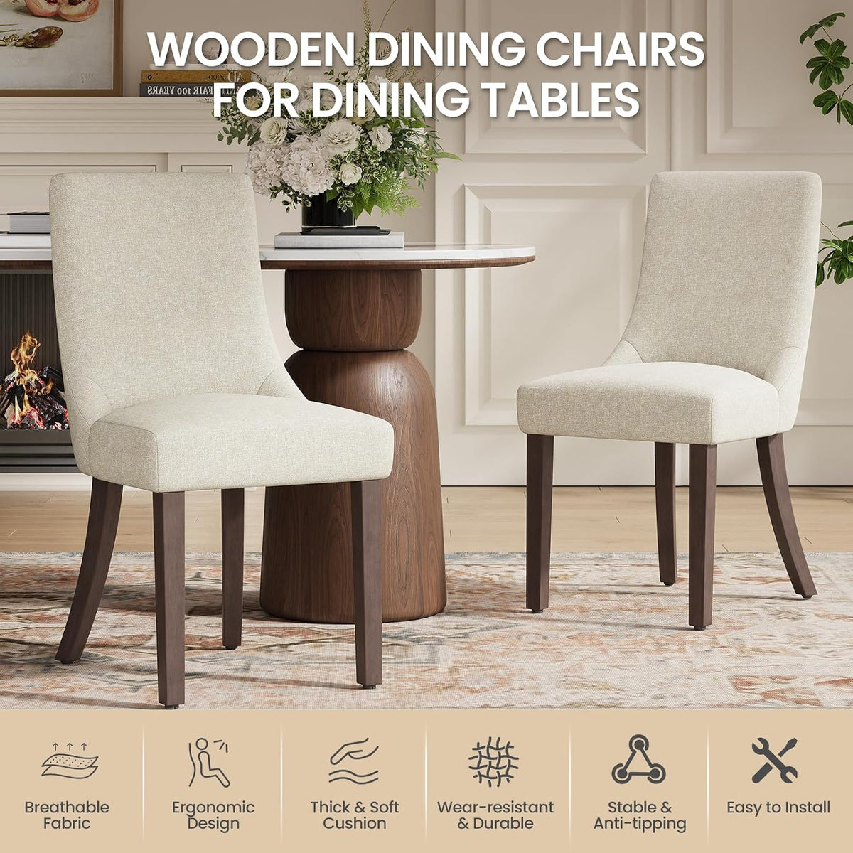 MALOL Wooden Dining Chairs Set of 6, Upholstered Kitchen & Dining Room Chairs with Solid Wood Legs Curved Backrest Farmhouse Accent Chair for Dining/Kitchen/Living Room, Beige