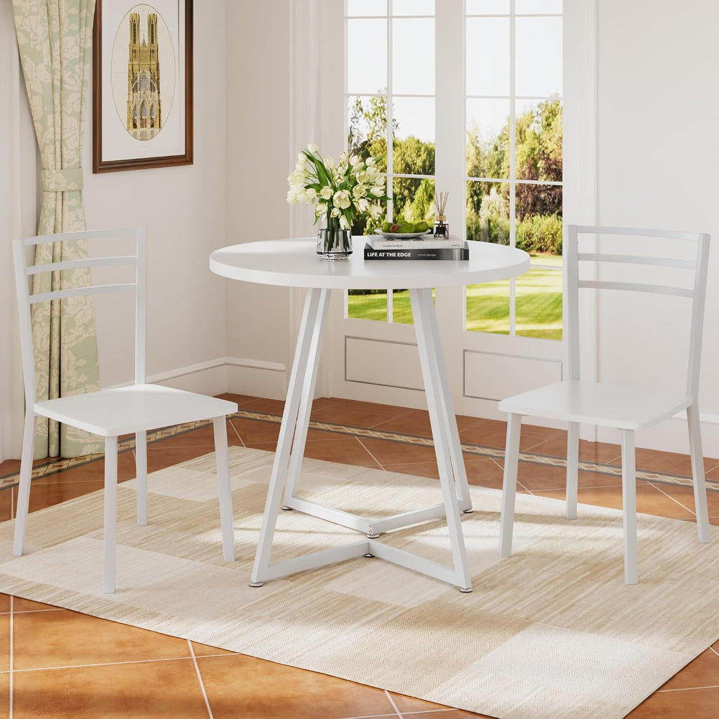 VECELO Small Round Dining Table Set for 2, Wood Tabletop with Strong Metal Frame, Modern Dinette with Chairs for Kitchen, Breakfast Nook Living Room, Pure White