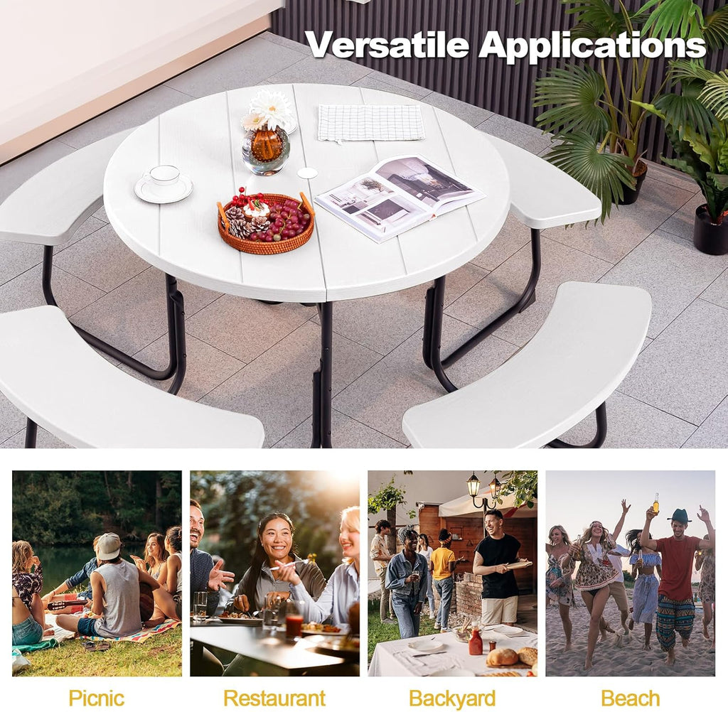 Tangkula 8 Person Picnic Table, Outdoor Round Picnic Table with 4 Built-in Benches, Umbrella Hole, Metal Frame & HDPE Tabletop, Outside Table and Bench Set for Backyard, 2300lbs Weight Capacity