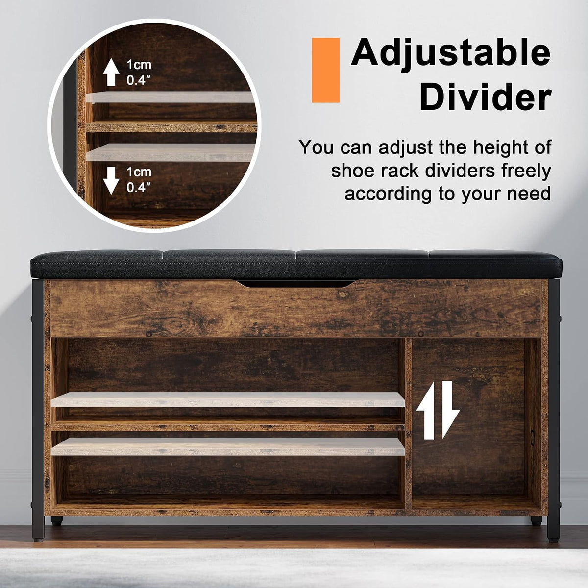Shoe Bench, Lift Top Shoe Storage Bench, Adjustable Shelf Entryway Bench, Metal and Wood Shoe Rack Organizer with Cushion for Entry, Bedroom, Closet, Living Room, Hallway (Brown, 35.5“W)
