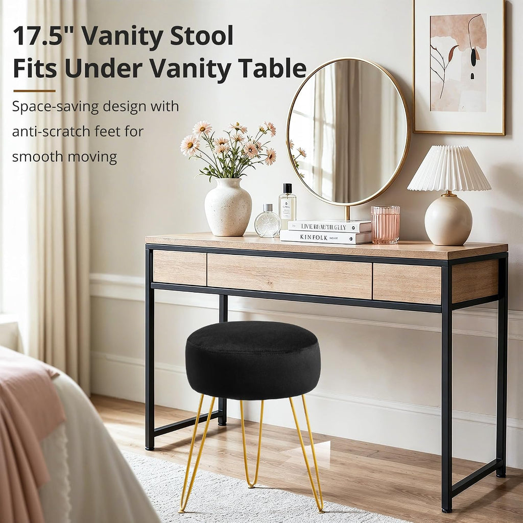 LUE BONA Vanity Stool, Black Vanity Stools for Makeup Room, Round Ottoman Foot Stool, Velvet Footrest Vanity Chair for Bathroom Vanity, Bedroom, Living Room, Entryway, Offices