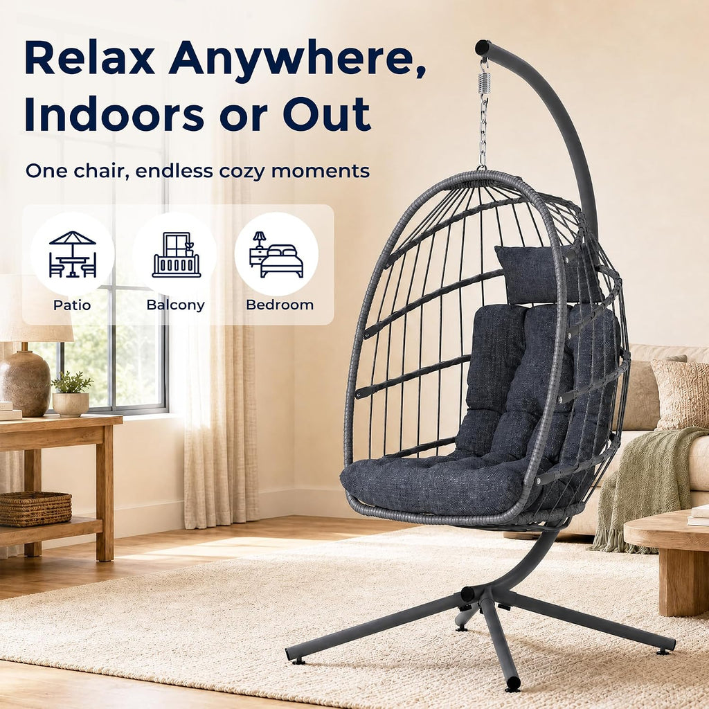 SWITTE Egg Chair Outdoor with Stand, Indoor Wicker Hanging Egg Swing, Grey