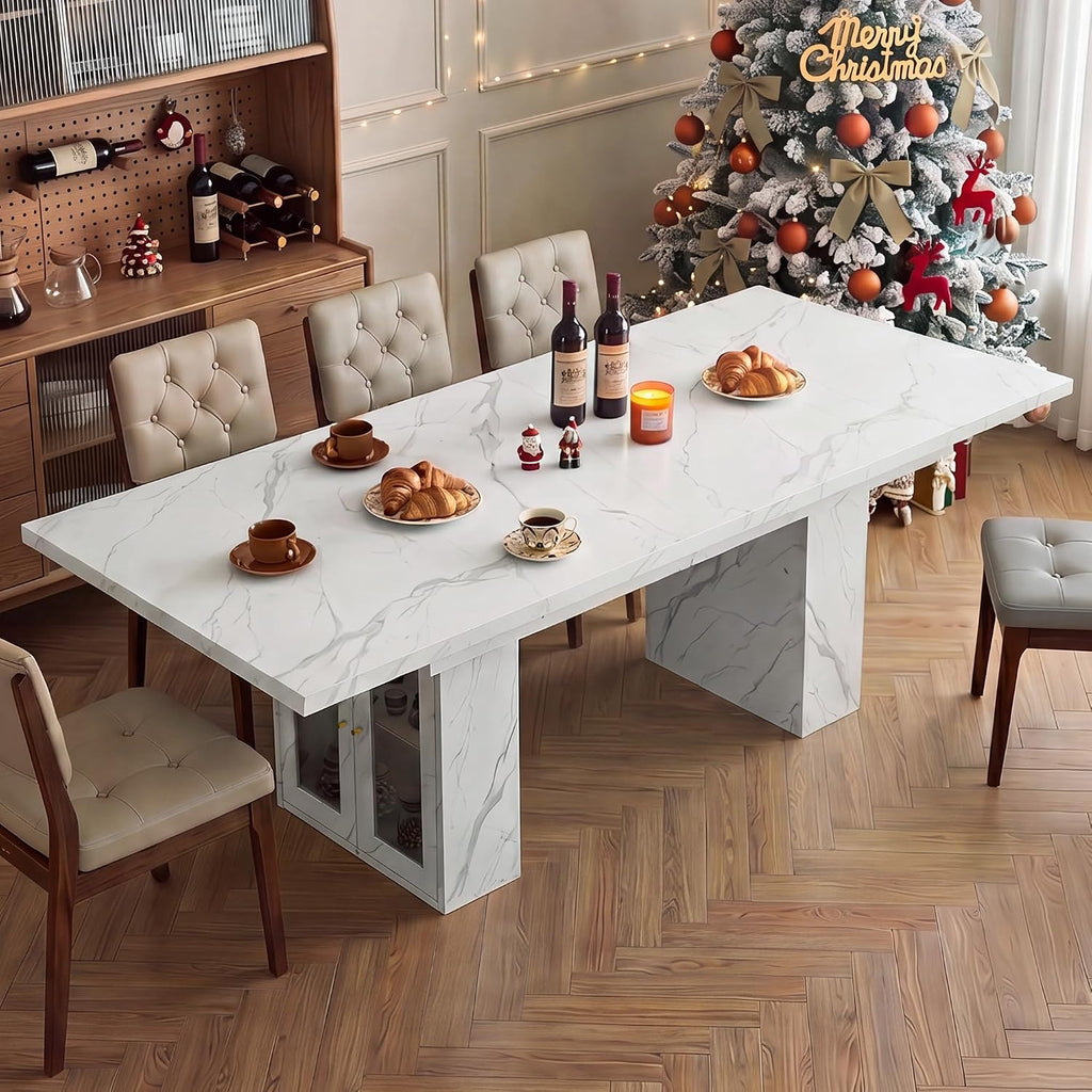 51"-78" Extendable Dining Table for 4-8, White Faux Marble Dining Table