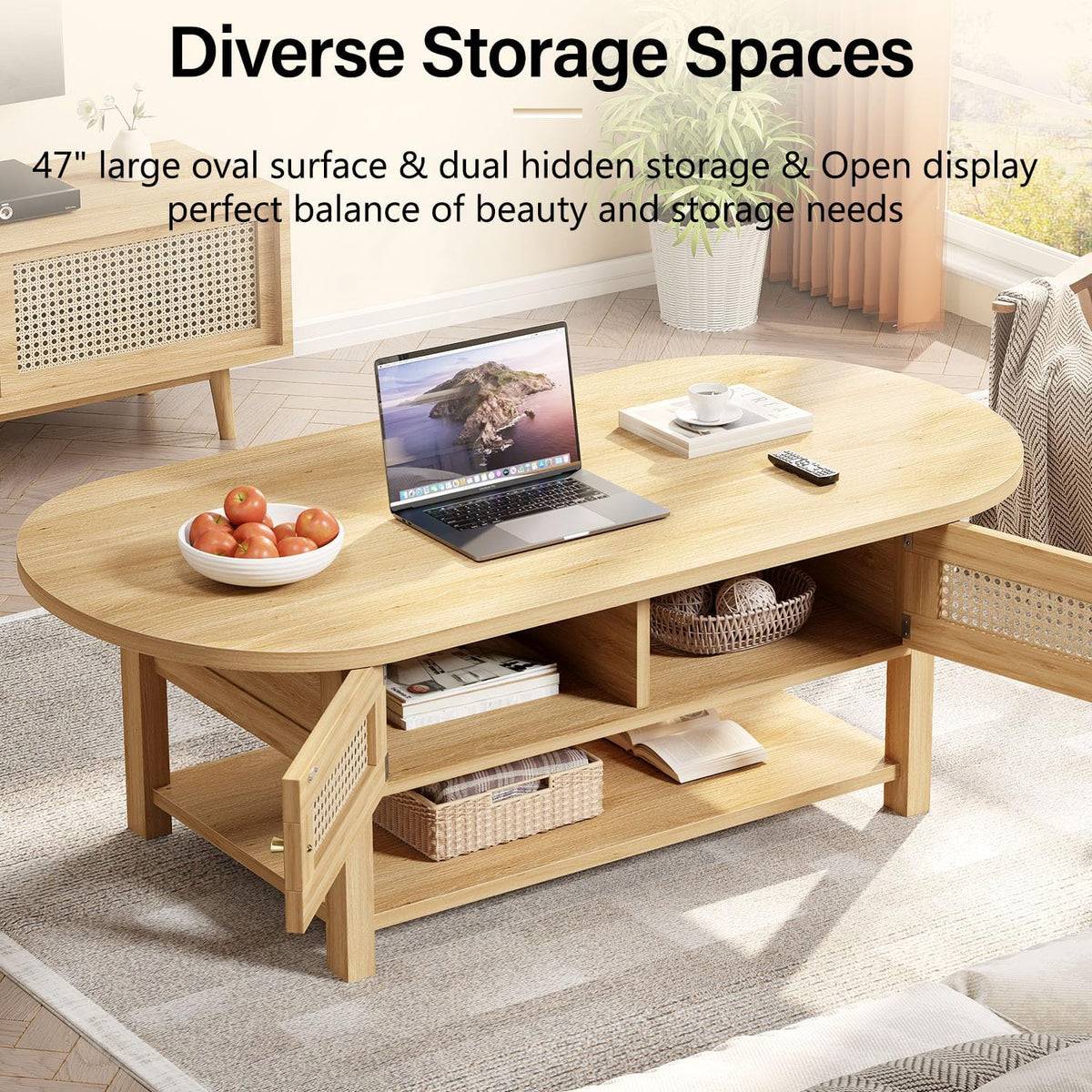 LVB Oval Coffee Table, 47" Rattan Boho Wood Living Room Table with Storage