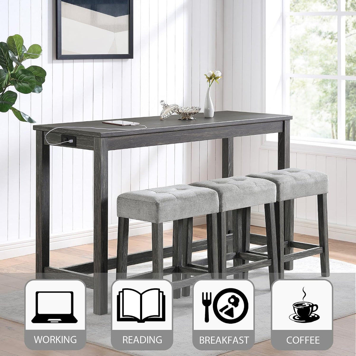 merax industrial bar table set with power outlet, side view