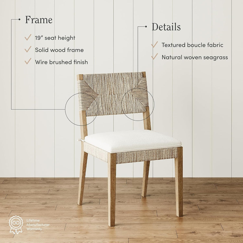 Beacon Boho Dining Chair Set of 4, Boucle Dining Chair with Seagrass Accent and Solid Wood Legs, Cream Boucle/Light Brown