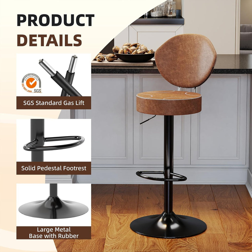 Swivel Bar Stools Set 2, Adjustable Height Suede-Like Leather Brown