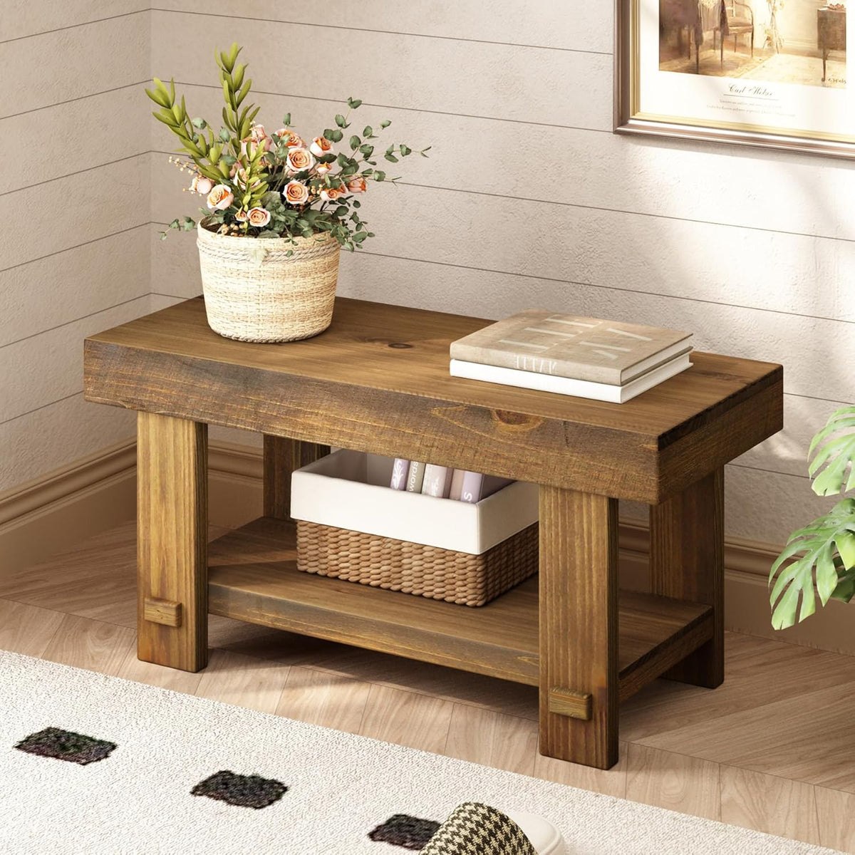 HOKYHOKY Solid Wood Entryway Bench - 31.5" Farmhouse Small Narrow Benches