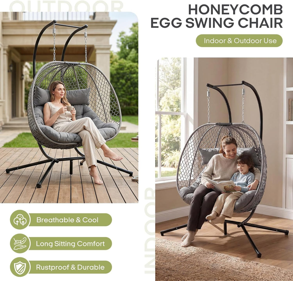 Double Egg Chair with Stand for 2 Persons, Oversized Patio Hanging Basket Chair, Honeycomb Wicker Swing Chair with Thick Cushions & Headrests, 800LBS Heavy Duty Indoor Outdoor, Light Grey