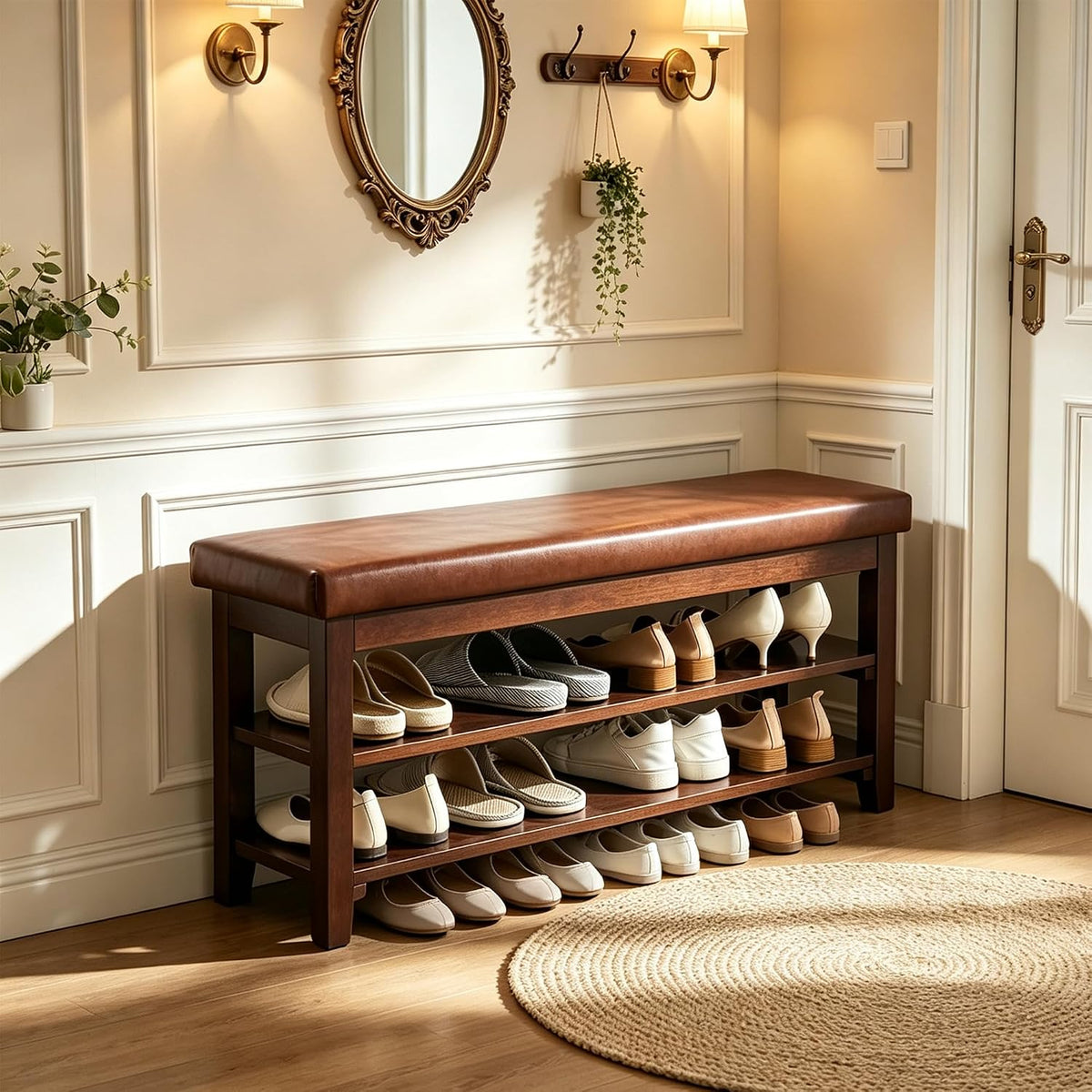 40" Shoe Bench with Leather Cushion, Upholstered Entryway Bench, Dark Brown