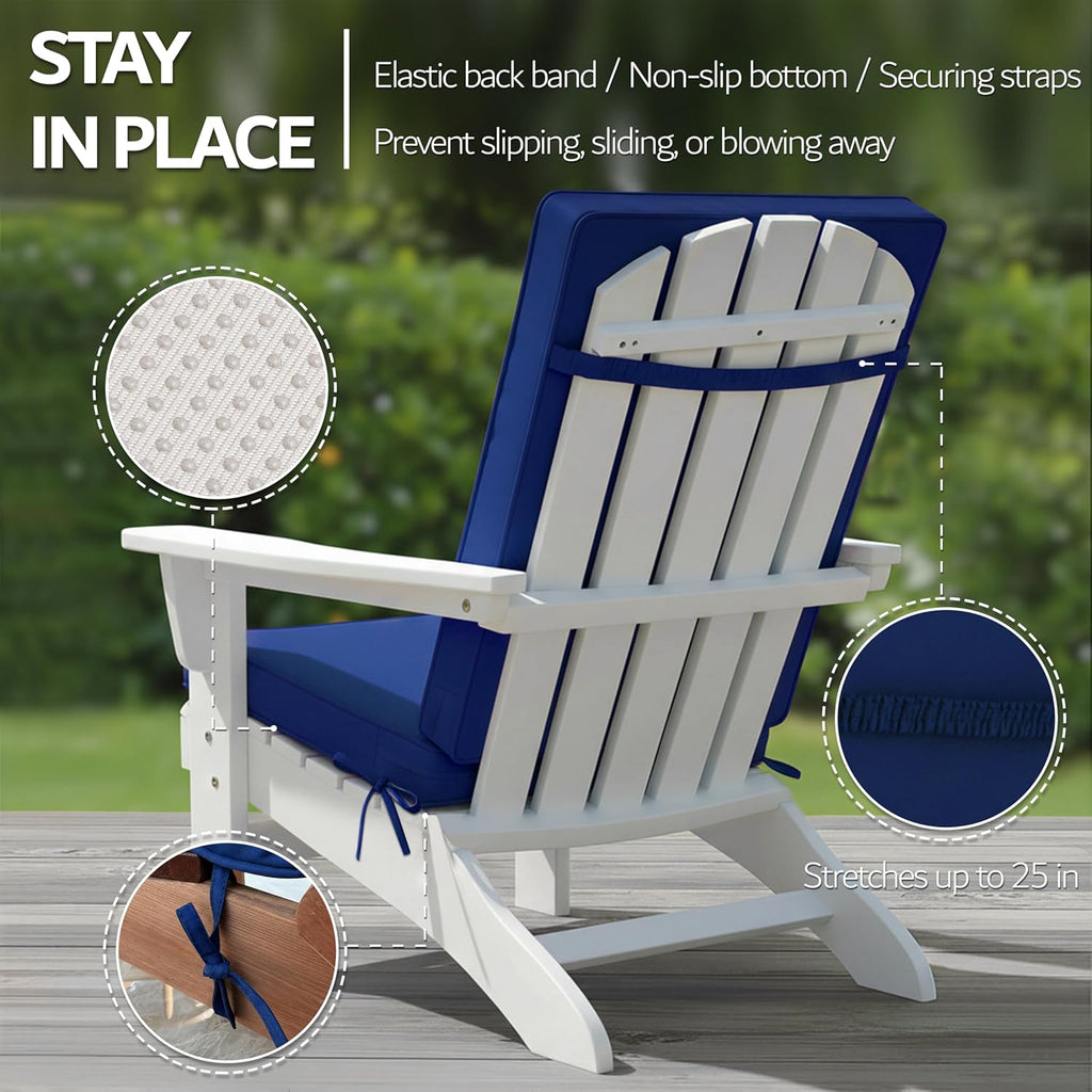 Outdoor Adirondack Chair Cushions Set of 4 - Removable Covers, Water-Repellent, Fade-Resistant, Non-Slip Bottom & Securing Straps, Universal Fit for Most Adirondack & Rocking Chairs - Navy
