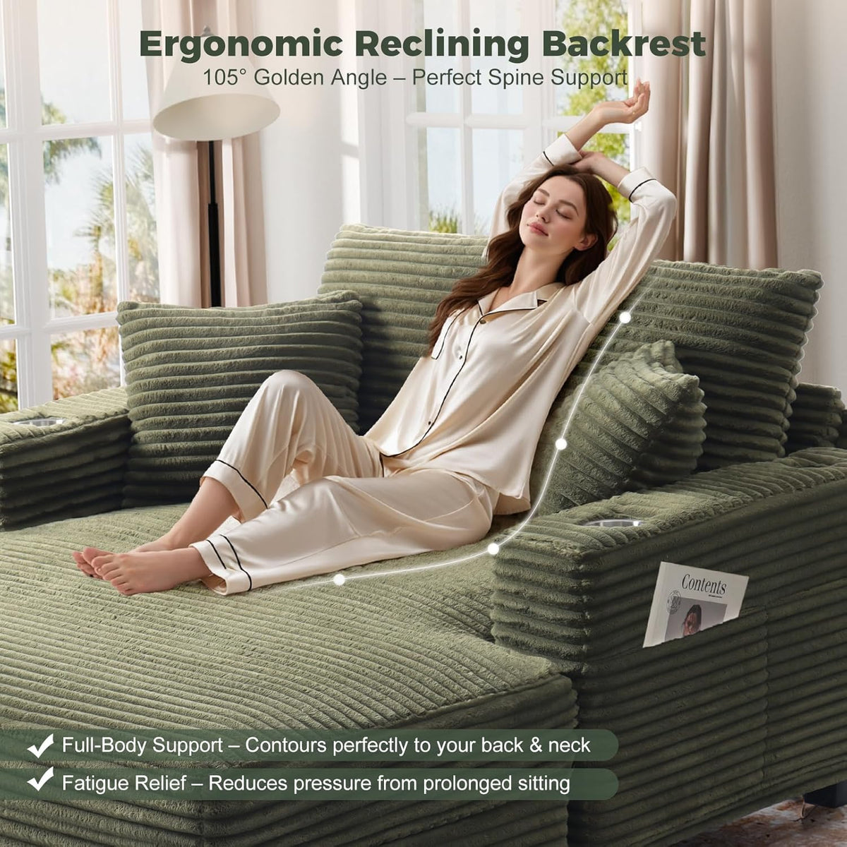 60" Oversized Chaise Lounge Chair with Wood Frame, USB Charging Port, Green